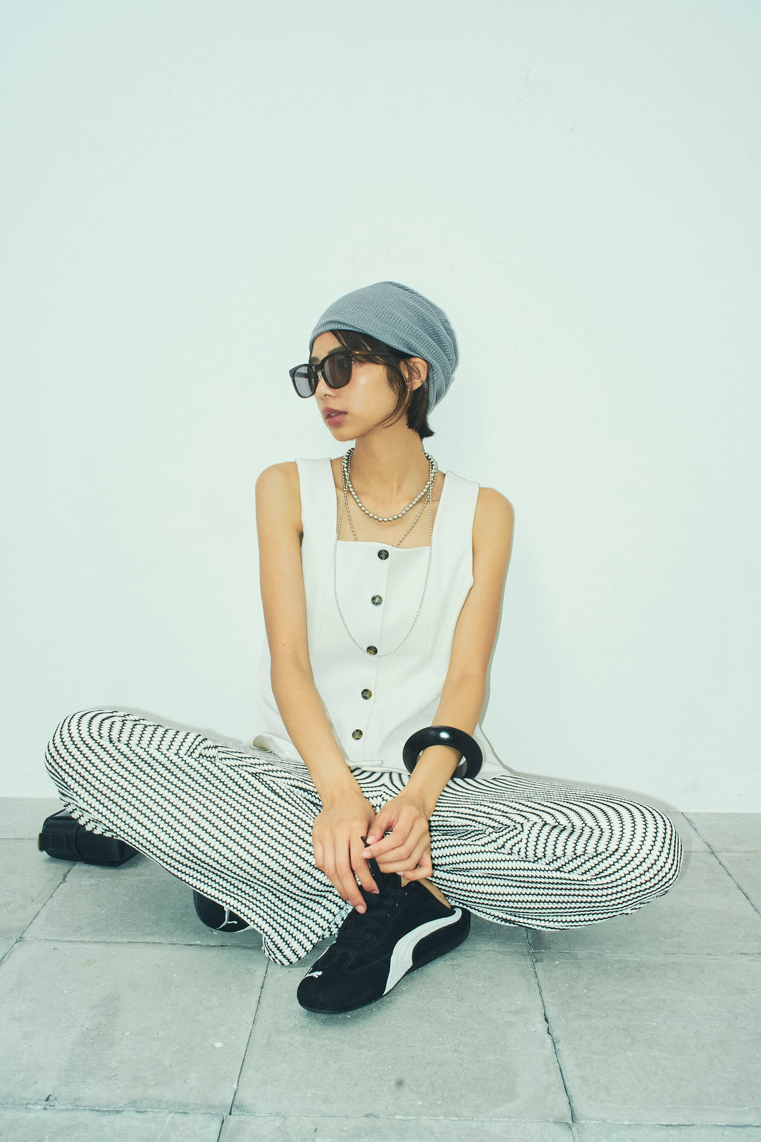 [予約/SET]ノースリーブフロントボタントップス+ストライプレースイージーPT(2set)