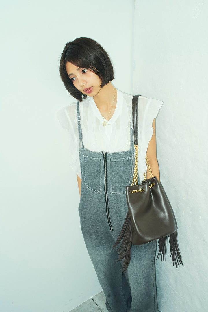 [予約/SET]リネンランダムフリルブラウス+フロントジップストラップデザインデニムサロペット(2set)