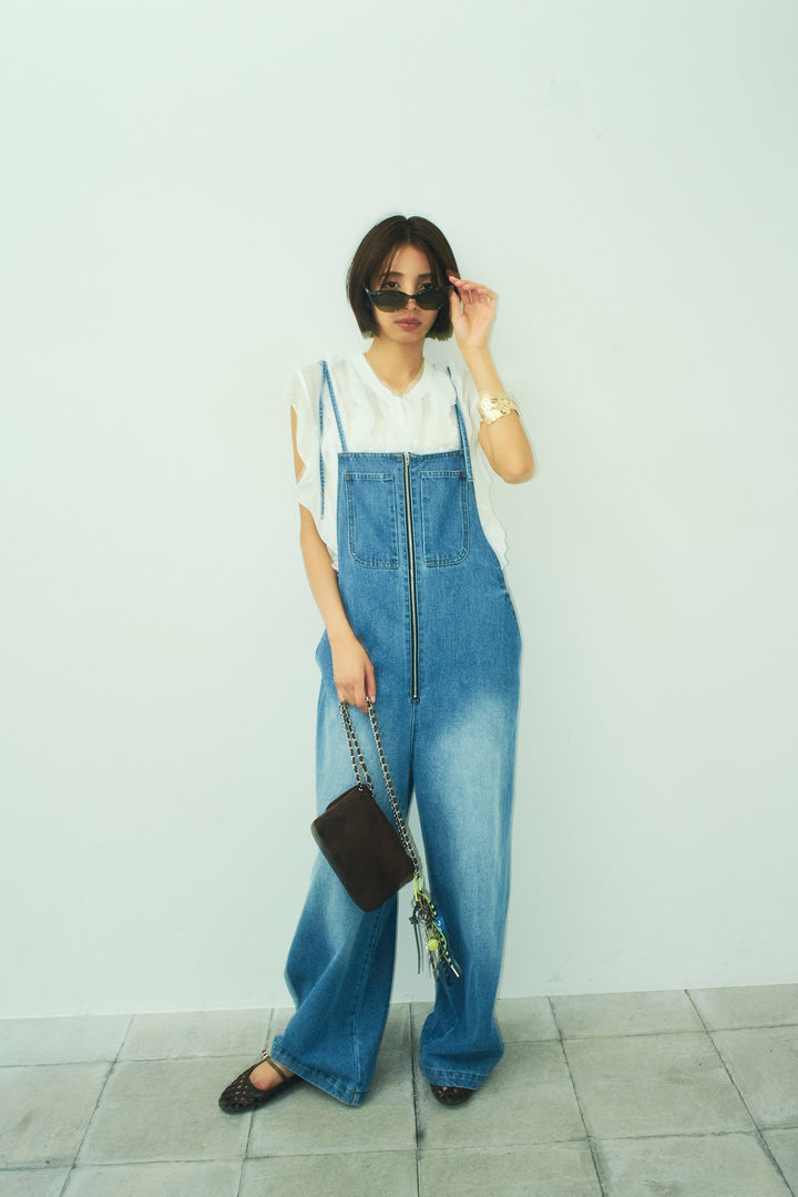 [予約/SET]リネンランダムフリルブラウス+フロントジップストラップデザインデニムサロペット(2set)