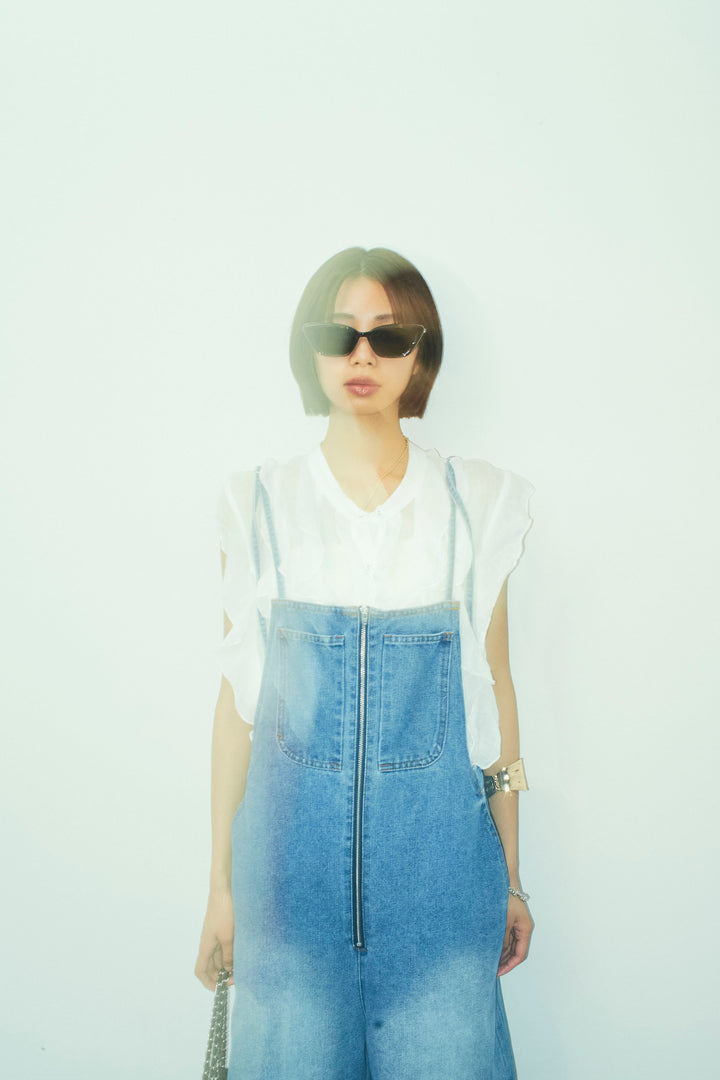 [予約/SET]リネンランダムフリルブラウス+フロントジップストラップデザインデニムサロペット(2set)