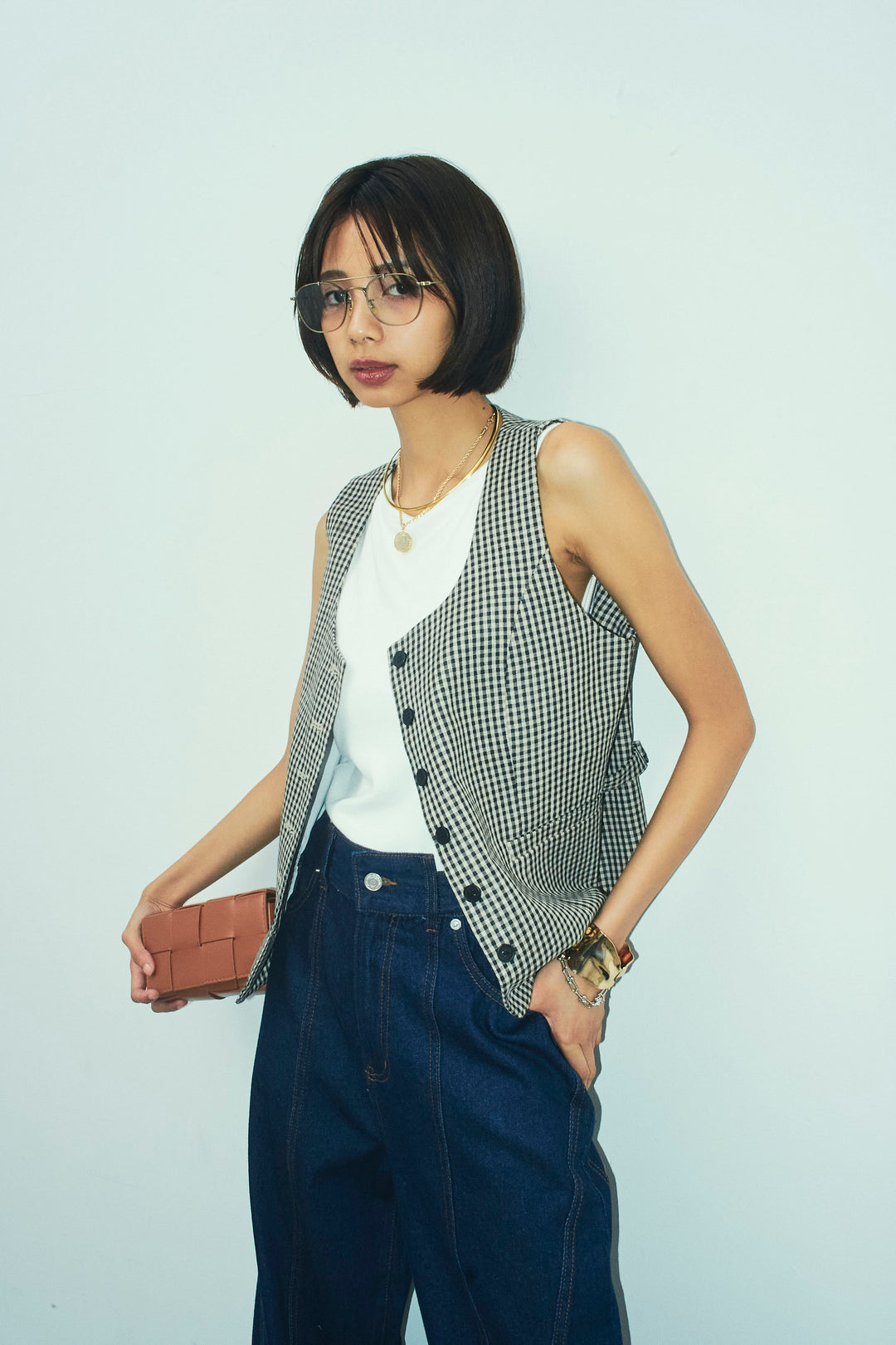 [予約/SET]チェックベスト+デニム切り替えストレートパンツ(2set)