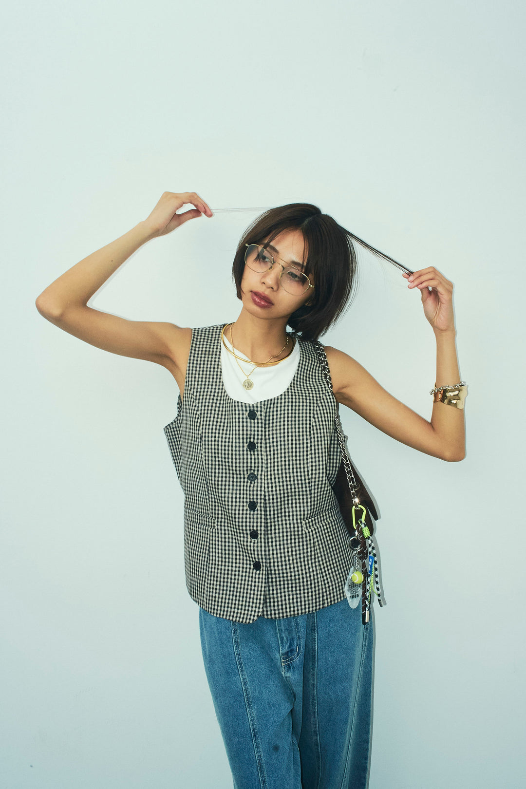 [予約/SET]チェックベスト+デニム切り替えストレートパンツ(2set)