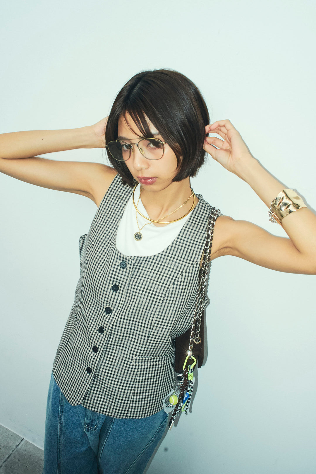 [予約/SET]チェックベスト+デニム切り替えストレートパンツ(2set)