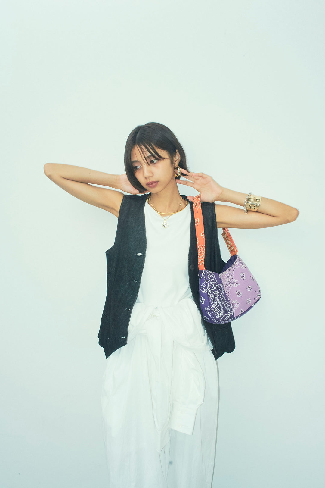 [予約/SET]アシメボタンデニムベスト+テレコリブカップ付きノースリーブ トップス+合繊ツイルジャンプスーツ(3set)