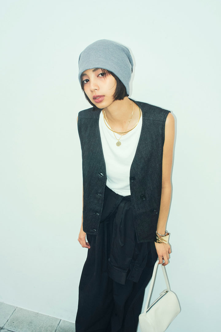 [予約/SET]アシメボタンデニムベスト+テレコリブカップ付きノースリーブ トップス+合繊ツイルジャンプスーツ(3set)