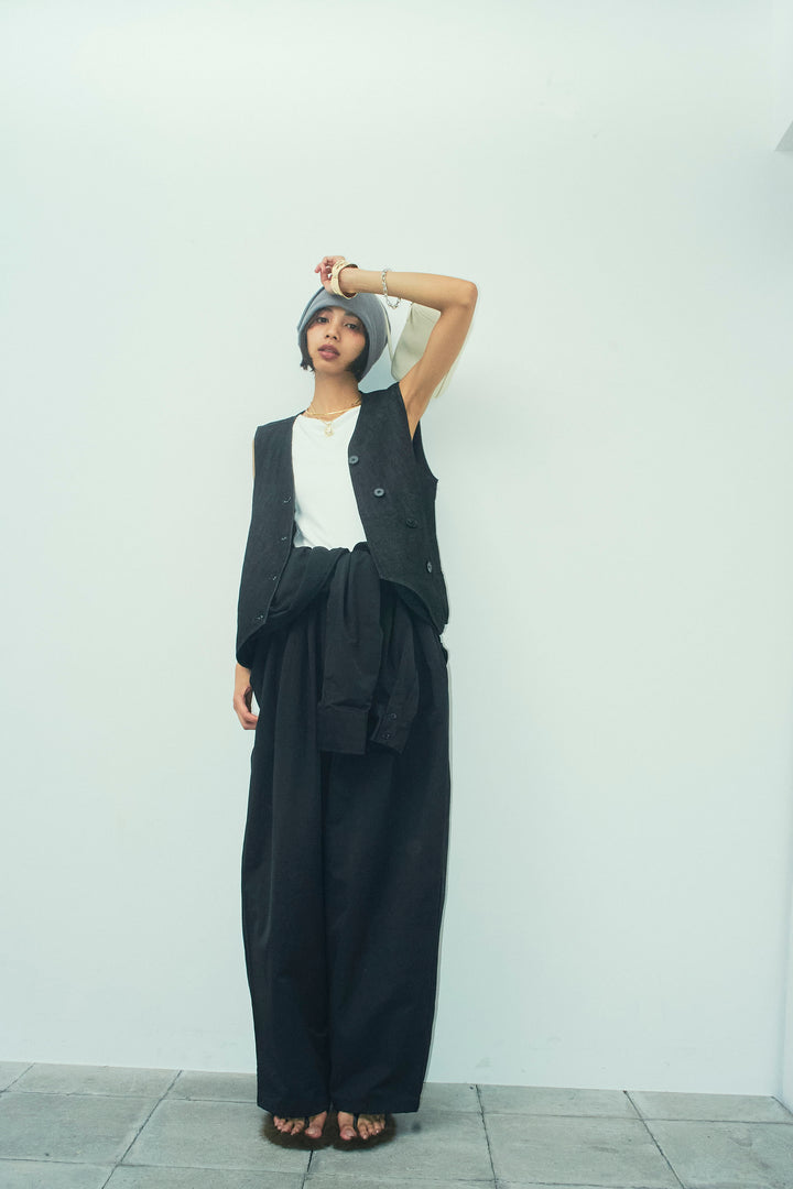 [予約/SET]アシメボタンデニムベスト+テレコリブカップ付きノースリーブ トップス+合繊ツイルジャンプスーツ(3set)