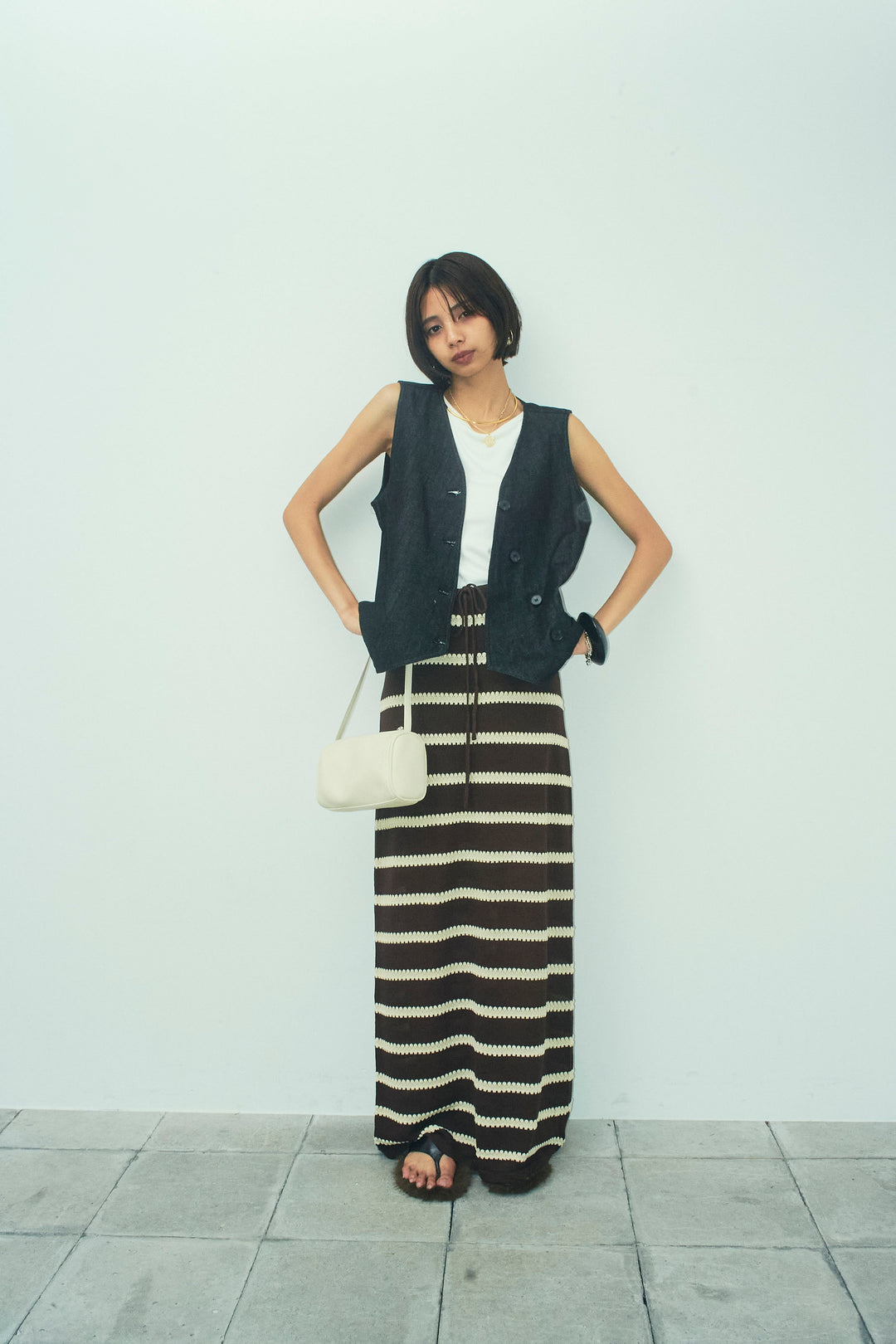 [予約/SET]アシメボタンデニムベスト+ニットスカート(2set)