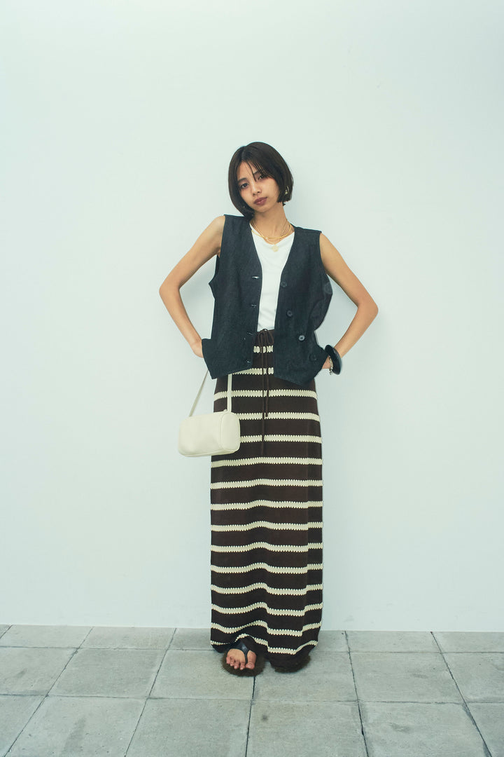 [予約/SET]アシメボタンデニムベスト+テレコリブカップ付きノースリーブ トップス+ニットスカート(3set)