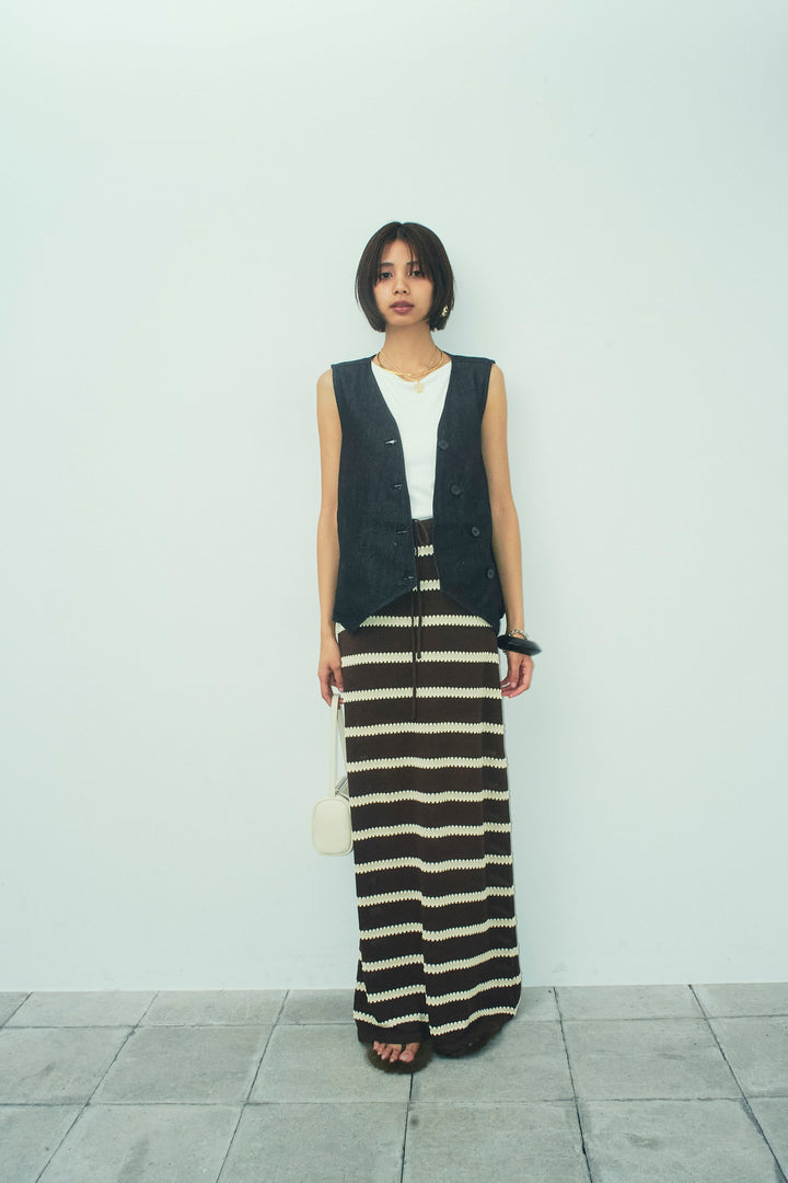 [予約/SET]アシメボタンデニムベスト+テレコリブカップ付きノースリーブ トップス+ニットスカート(3set)