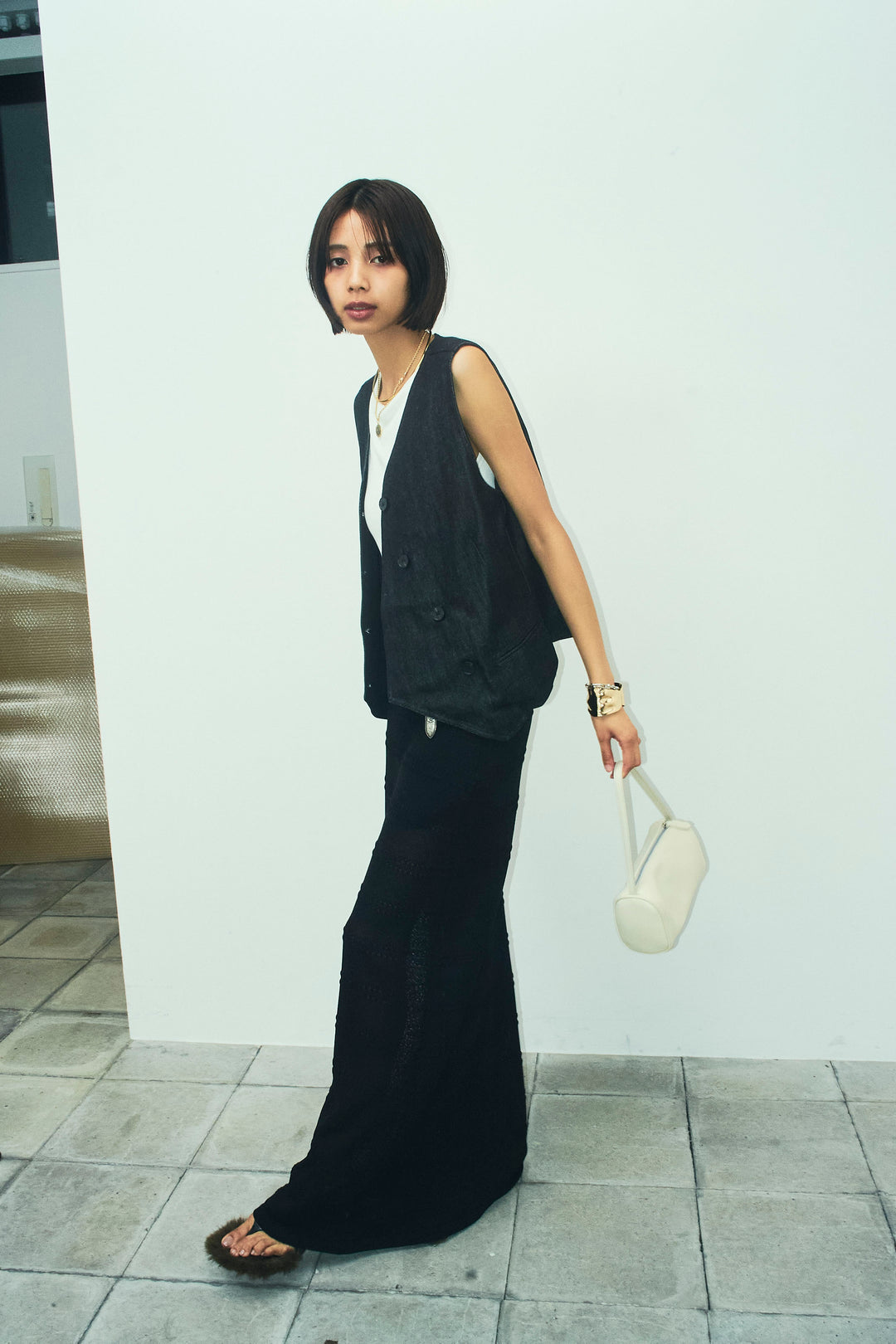 [予約/SET]アシメボタンデニムベスト+ニットスカート(2set)