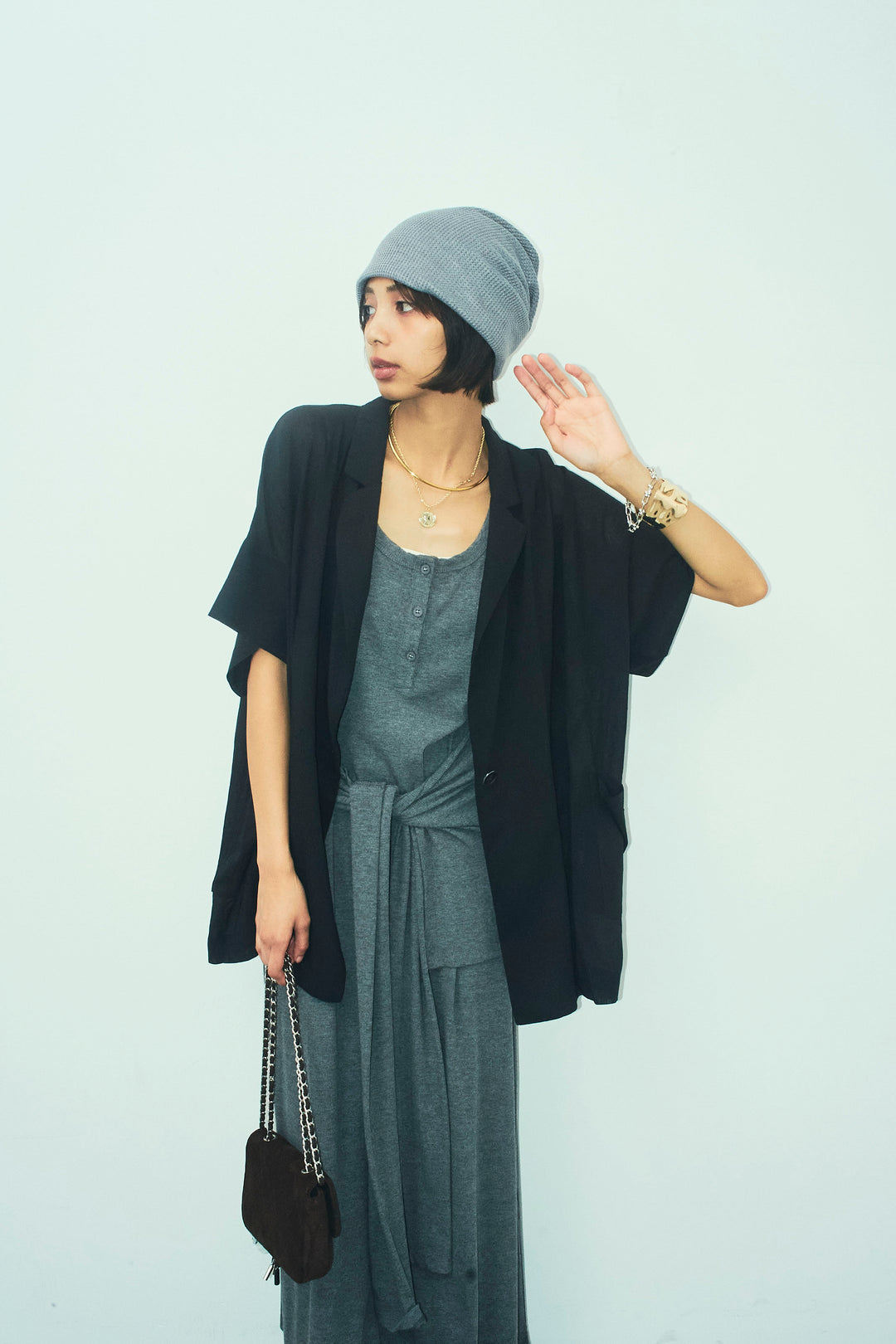 [予約/SET]ハーフスリーブシアーJK+ラップレイヤードリブロングワンピース(2set)