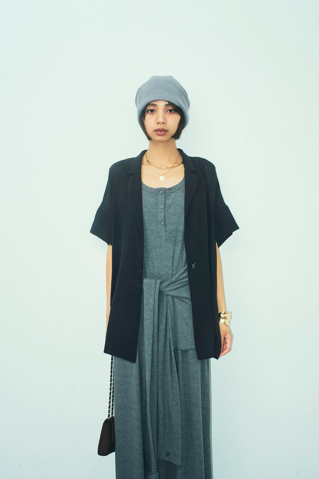 [予約/SET]ハーフスリーブシアーJK+ラップレイヤードリブロングワンピース(2set)