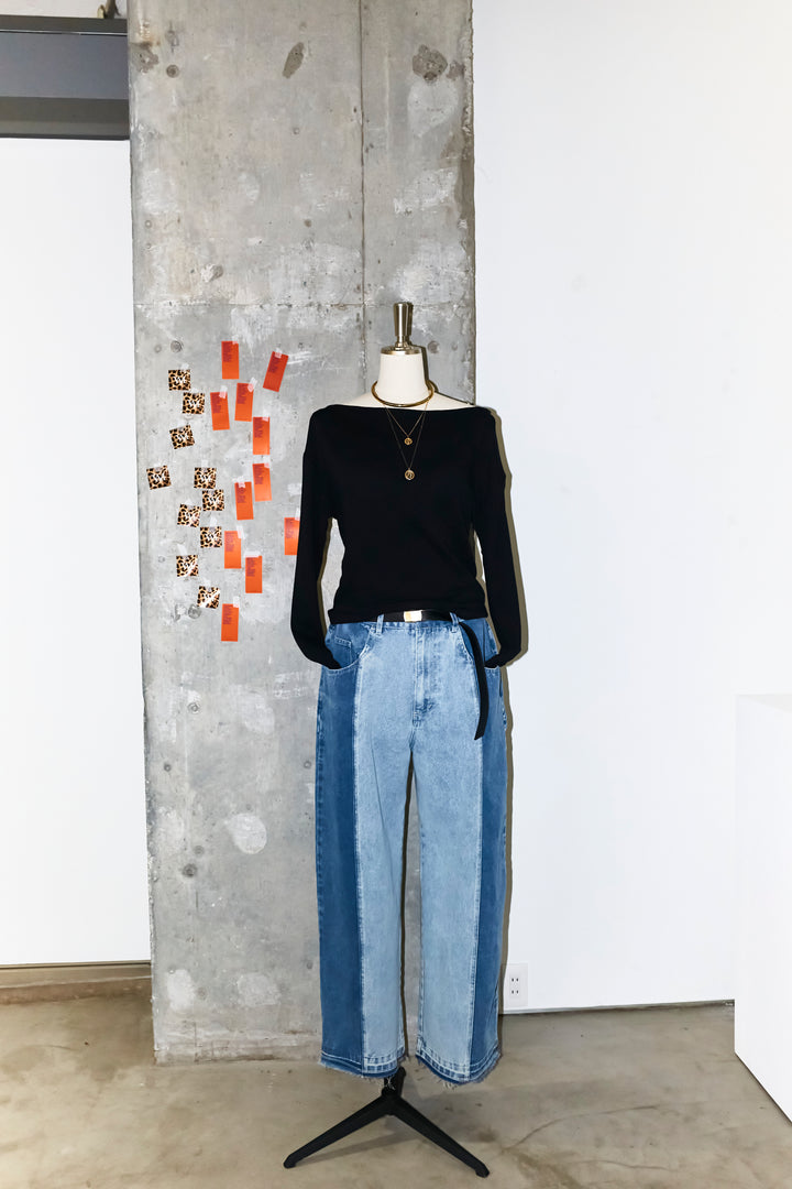 [予約/SET]シアー裏毛オフショルトップス+配色ワイドデニム(2set)