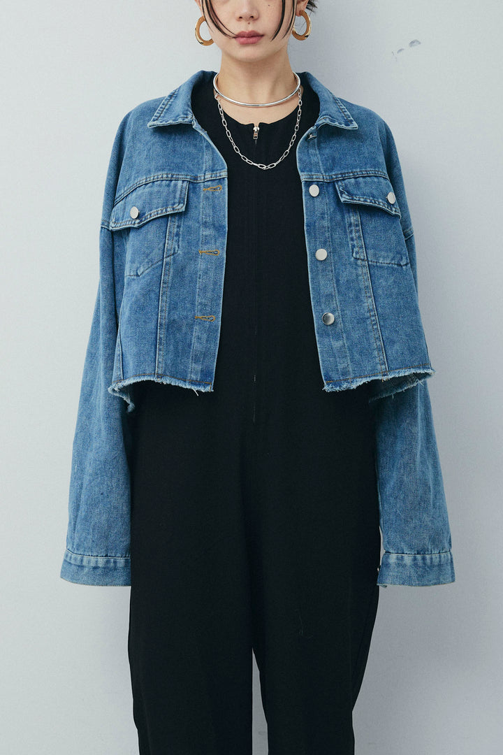 [予約/SET]カットオフショートデニムジャケット+アメリカンスリーブオールインワン(2set)