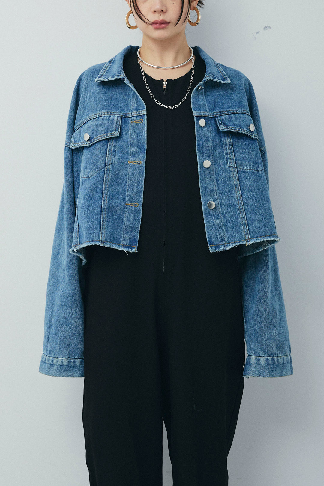 [予約/SET]カットオフショートデニムジャケット+フロントダブルジップデニムビスチェ+デニムミニスカート(3set)