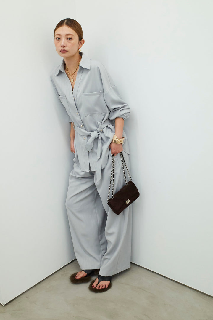 ミニヘリンボーンベルト付きシャツ+ミニヘリンボーンストレートイージーワイドPT(2set)