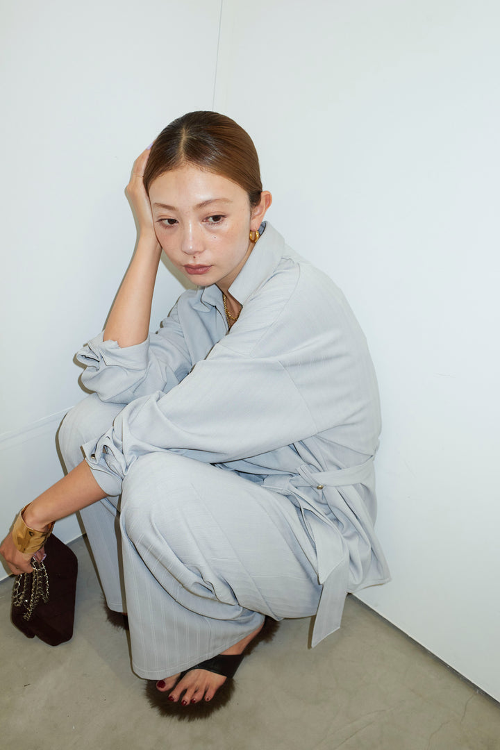 ミニヘリンボーンベルト付きシャツ+ミニヘリンボーンストレートイージーワイドPT(2set)