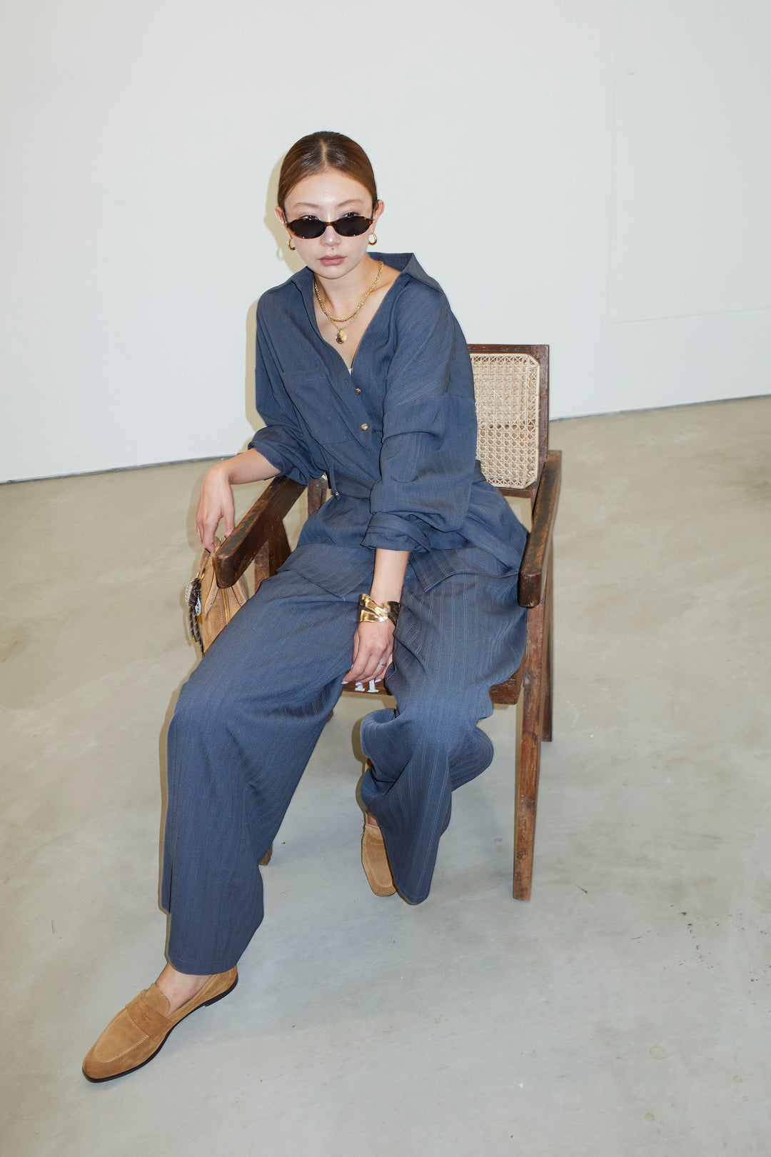 ミニヘリンボーンベルト付きシャツ+ミニヘリンボーンストレートイージーワイドPT(2set)