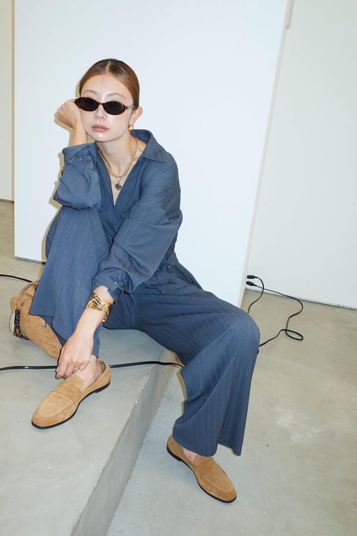 ミニヘリンボーンベルト付きシャツ+ミニヘリンボーンストレートイージーワイドPT(2set)