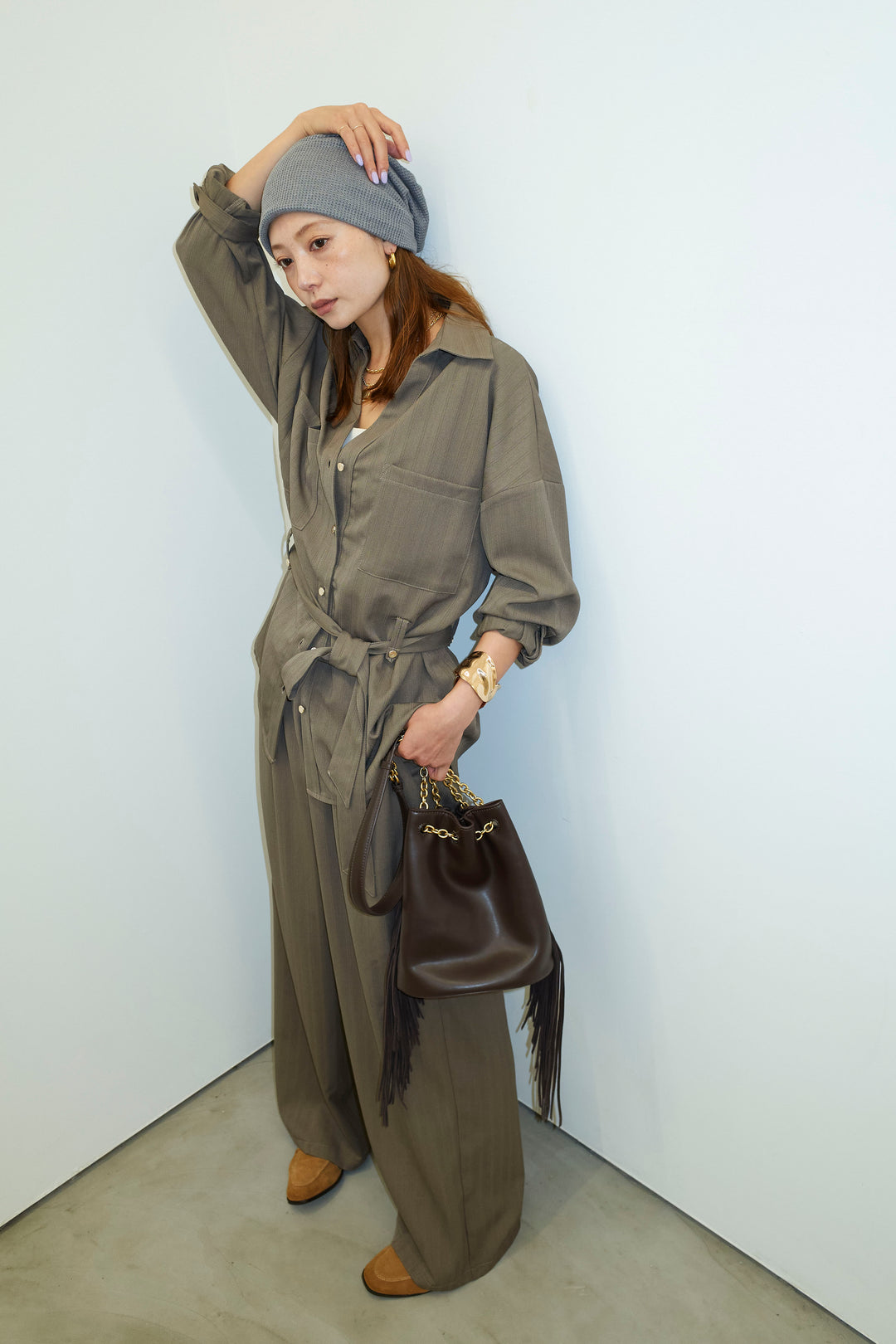 ミニヘリンボーンベルト付きシャツ+ミニヘリンボーンストレートイージーワイドPT(2set)