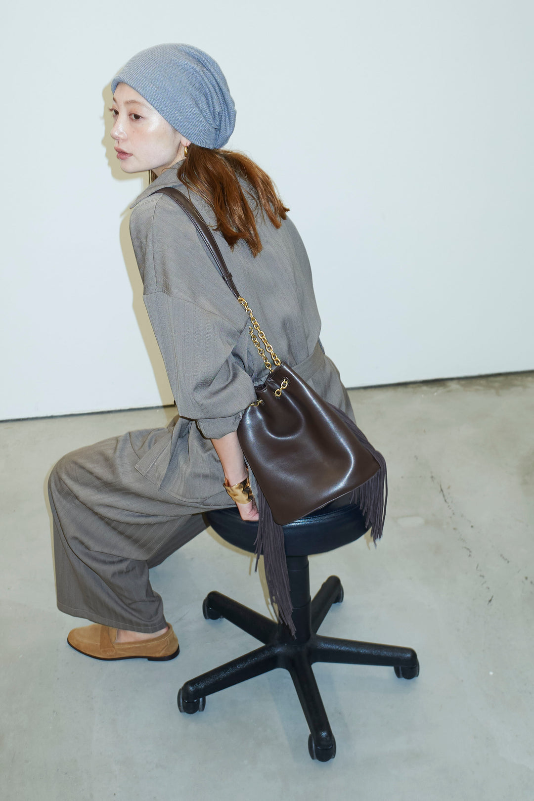 ミニヘリンボーンベルト付きシャツ+ミニヘリンボーンストレートイージーワイドPT(2set)