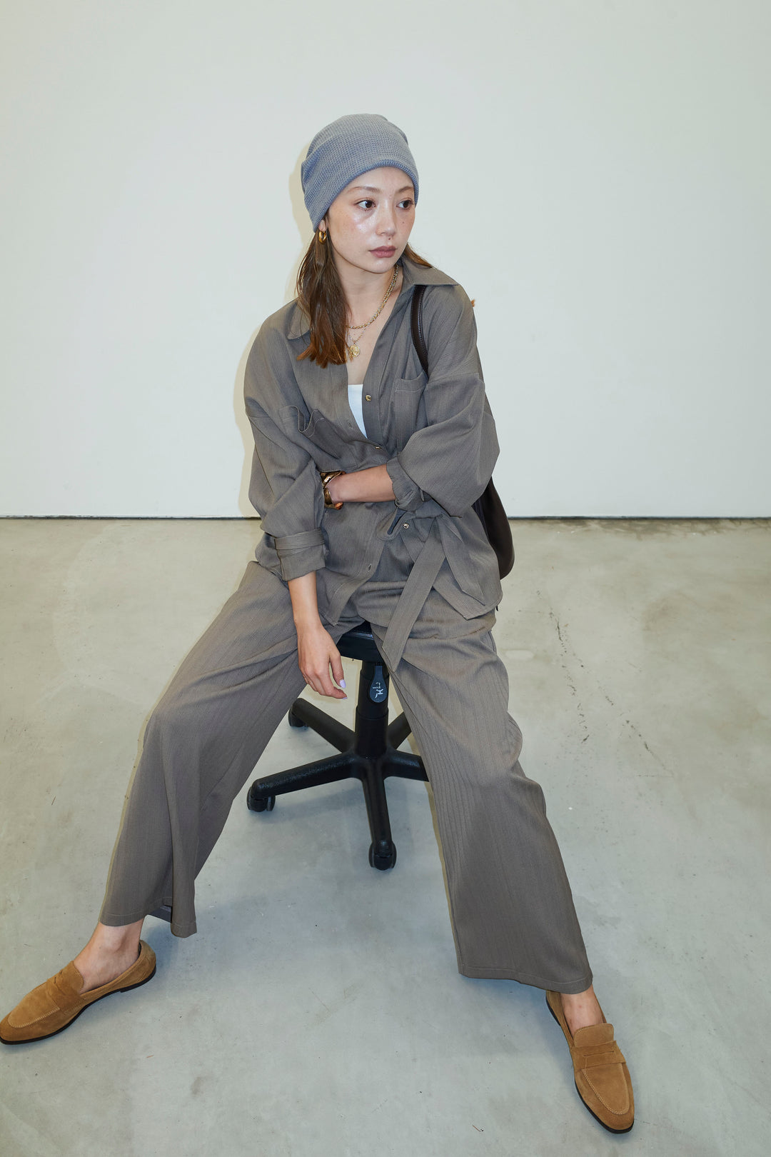 ミニヘリンボーンベルト付きシャツ+ミニヘリンボーンストレートイージーワイドPT(2set)