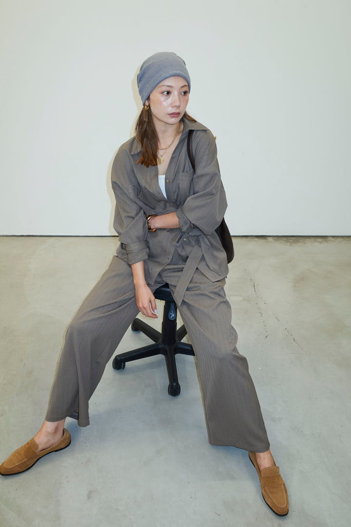 ミニヘリンボーンベルト付きシャツ+ミニヘリンボーンストレートイージーワイドPT(2set)