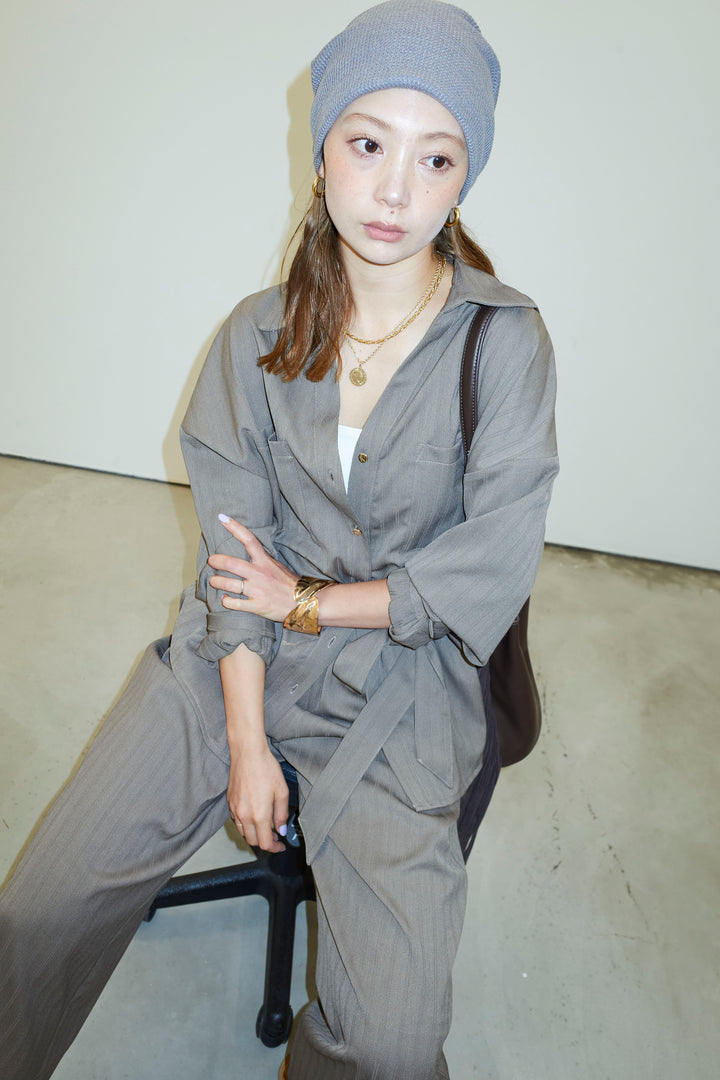 ミニヘリンボーンベルト付きシャツ+ミニヘリンボーンストレートイージーワイドPT(2set)