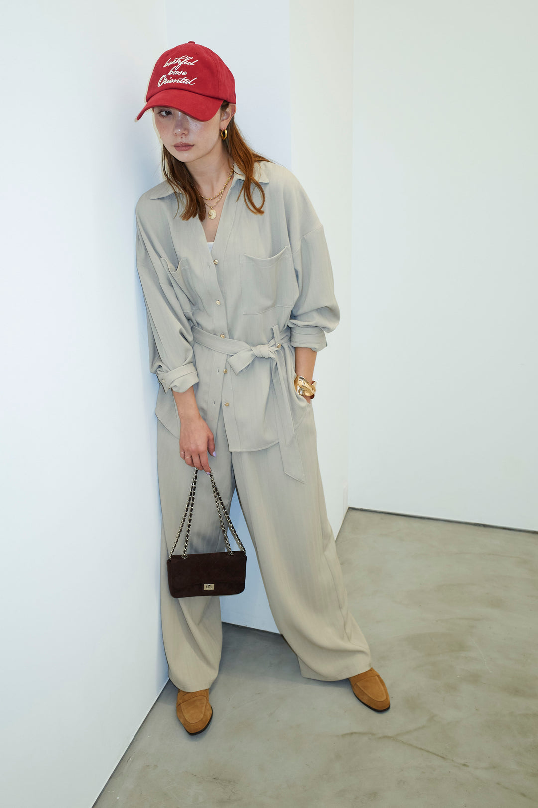 ミニヘリンボーンベルト付きシャツ+ミニヘリンボーンストレートイージーワイドPT(2set)