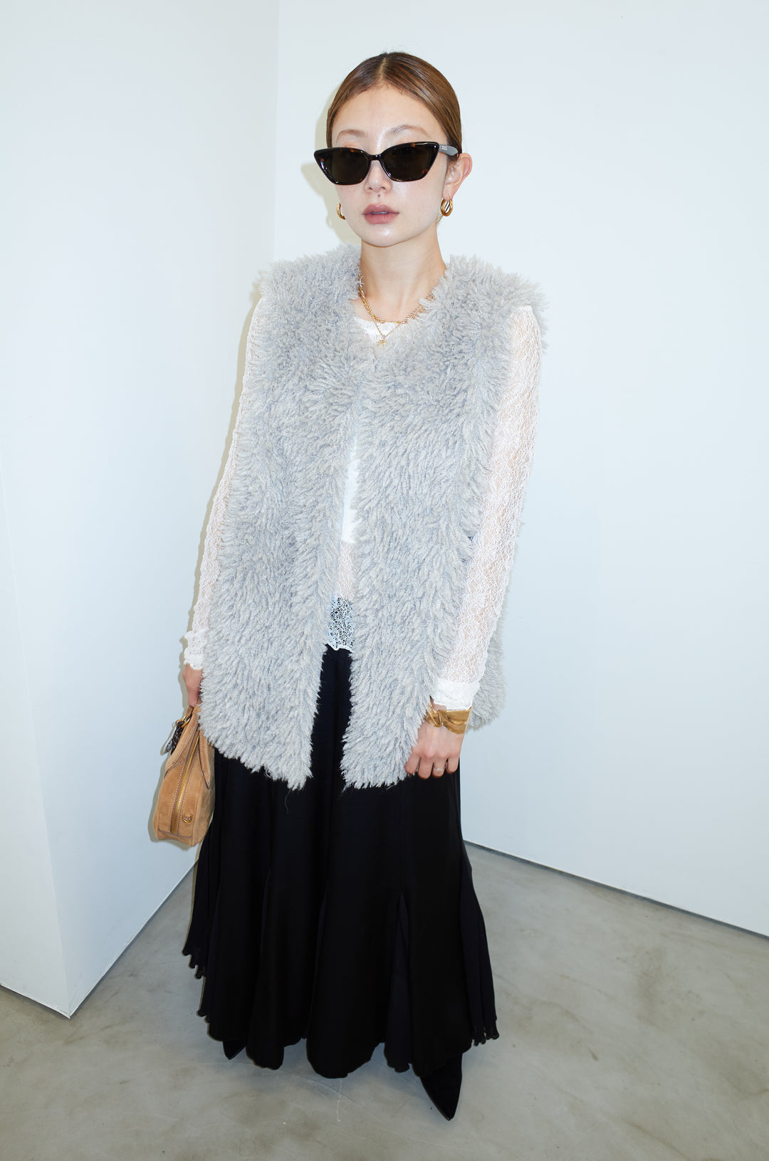 [予約/SET]シアーレーストップス+プードルファーベスト+プリーツシアー切り替えスカート(3set)