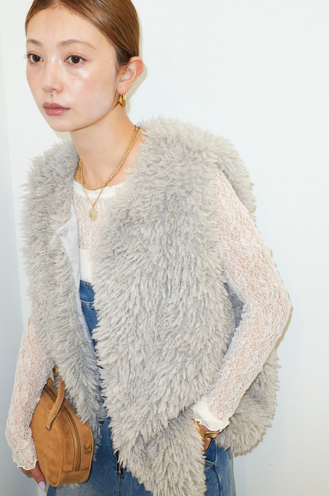 [予約/SET]プードルファーベスト+シアーレーストップス+フロントジップストラップデザインデニムサロペット(3set)