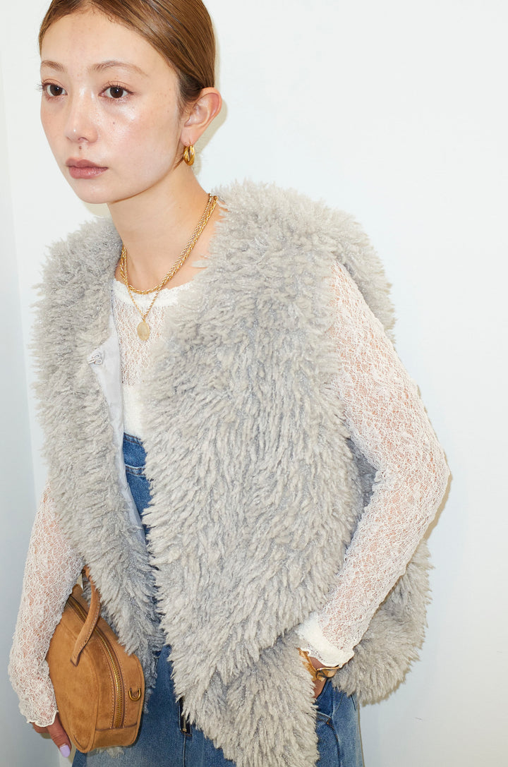 [予約/SET]プードルファーベスト+シアーレーストップス+フロントジップストラップデザインデニムサロペット(3set)