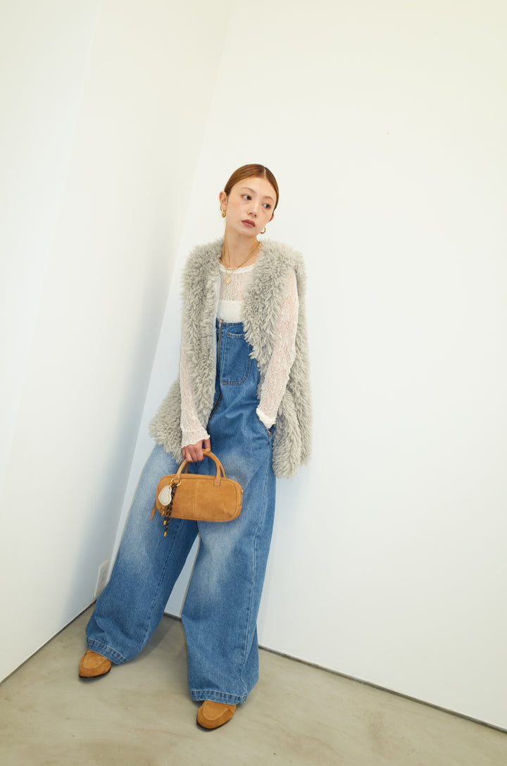 [予約/SET]プードルファーベスト+シアーレーストップス+フロントジップストラップデザインデニムサロペット(3set)