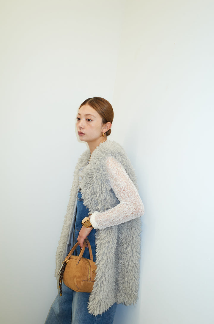 [予約/SET]プードルファーベスト+フロントジップストラップデザインデニムサロペット(2set)