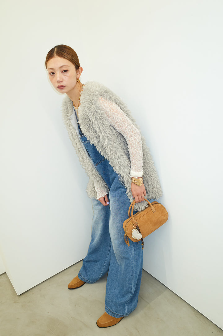 [予約/SET]プードルファーベスト+シアーレーストップス+フロントジップストラップデザインデニムサロペット(3set)