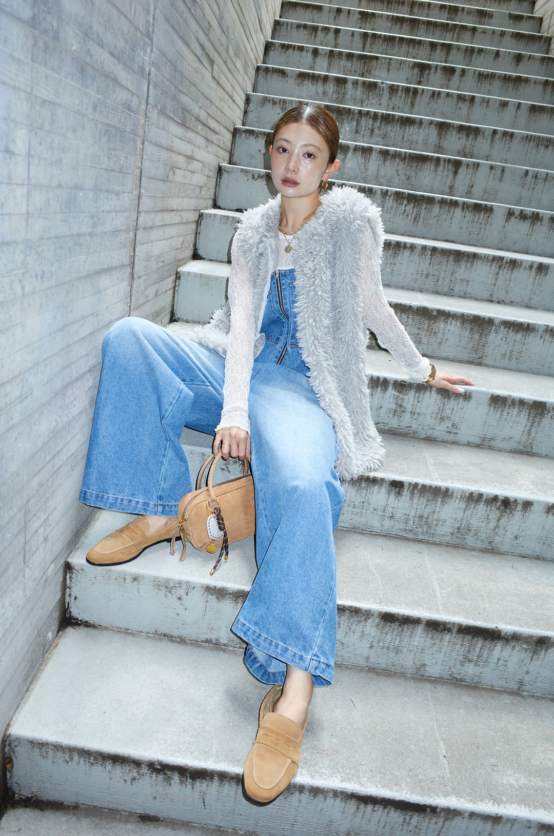 [予約/SET]プードルファーベスト+フロントジップストラップデザインデニムサロペット(2set)