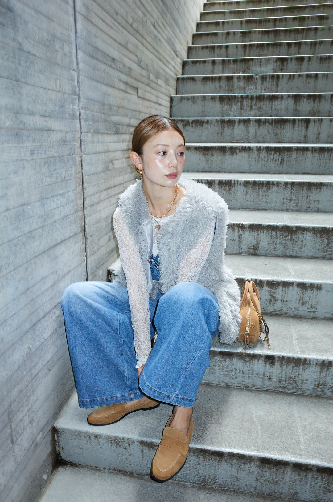 [予約/SET]プードルファーベスト+フロントジップストラップデザインデニムサロペット(2set)