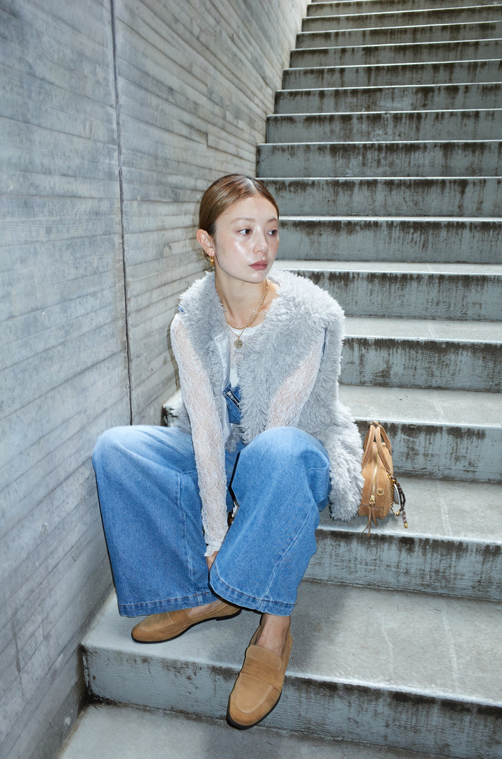 [予約/SET]プードルファーベスト+フロントジップストラップデザインデニムサロペット(2set)