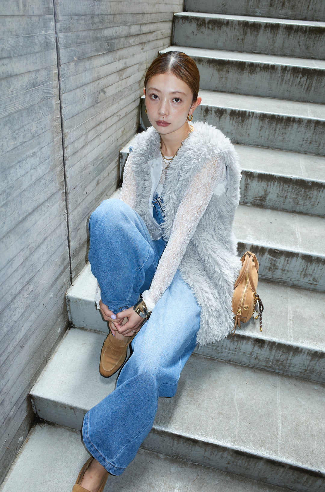 [予約/SET]プードルファーベスト+シアーレーストップス+フロントジップストラップデザインデニムサロペット(3set)