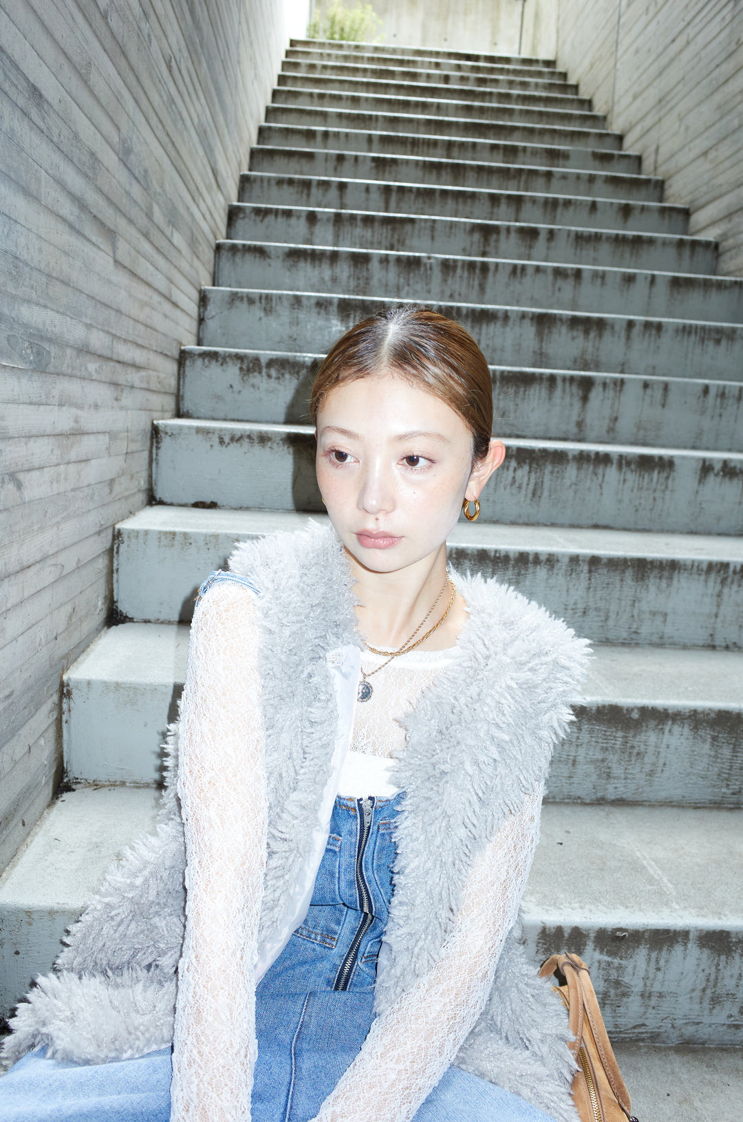 [予約/SET]プードルファーベスト+フロントジップストラップデザインデニムサロペット(2set)