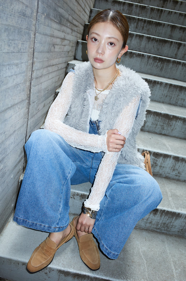 [予約/SET]プードルファーベスト+フロントジップストラップデザインデニムサロペット(2set)