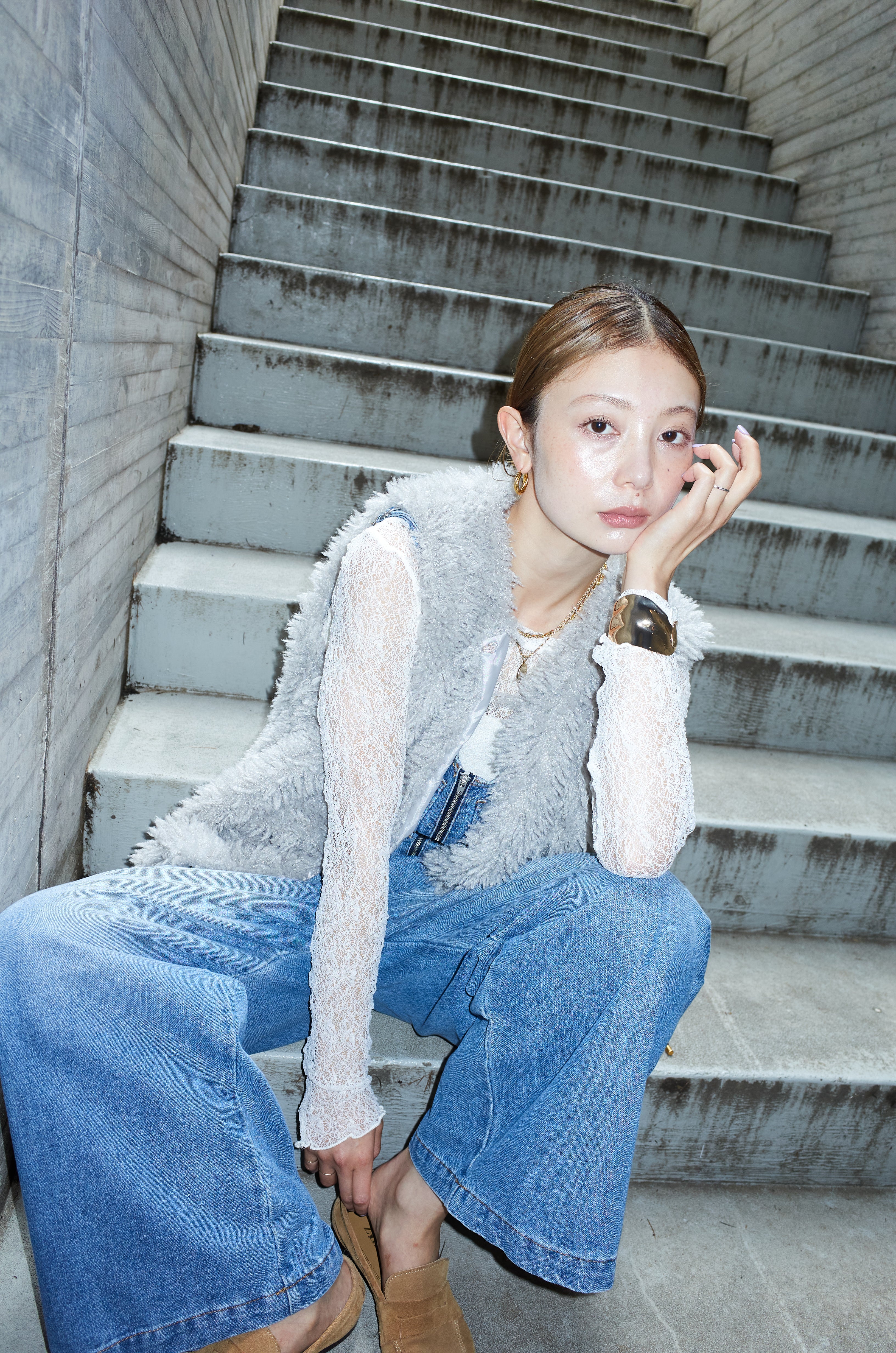 予約/SET]プードルファーベスト+シアーレーストップス+フロントジップ