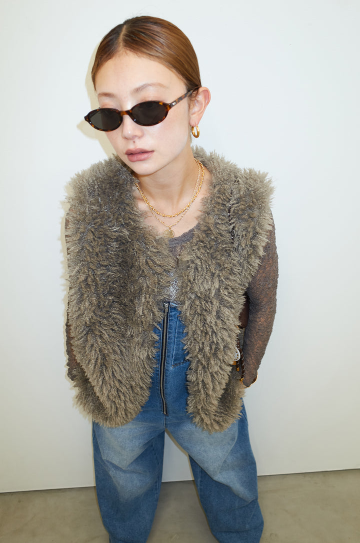 [予約/SET]プードルファーベスト+フロントジップストラップデザインデニムサロペット(2set)