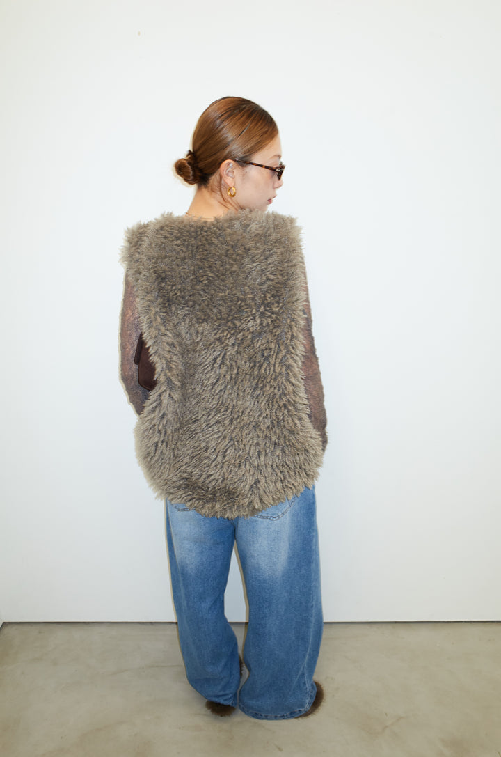 [予約/SET]プードルファーベスト+シアーレーストップス+フロントジップストラップデザインデニムサロペット(3set)