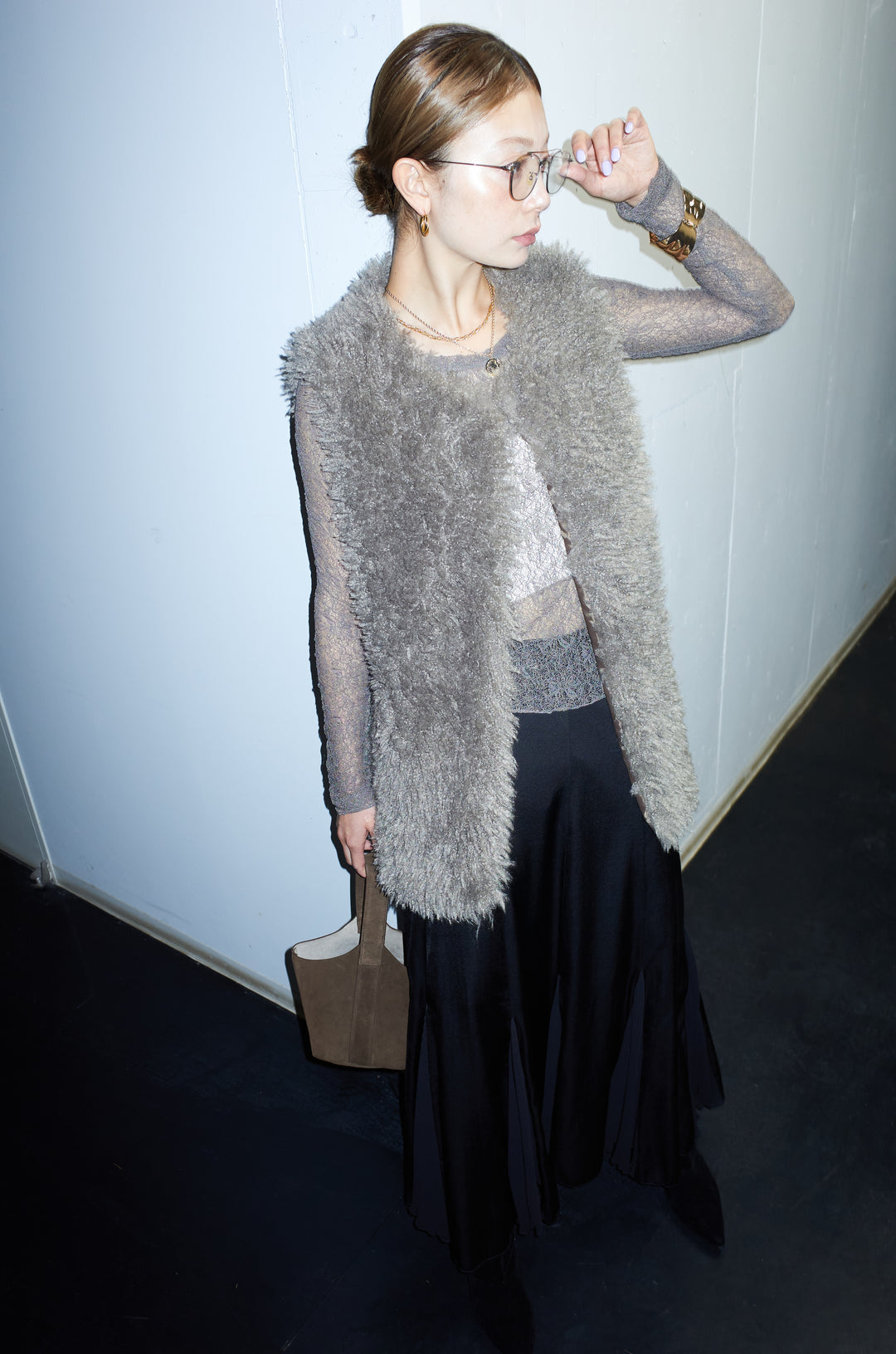 [予約/SET]プードルファーベスト+プリーツシアー切り替えスカート(2set)