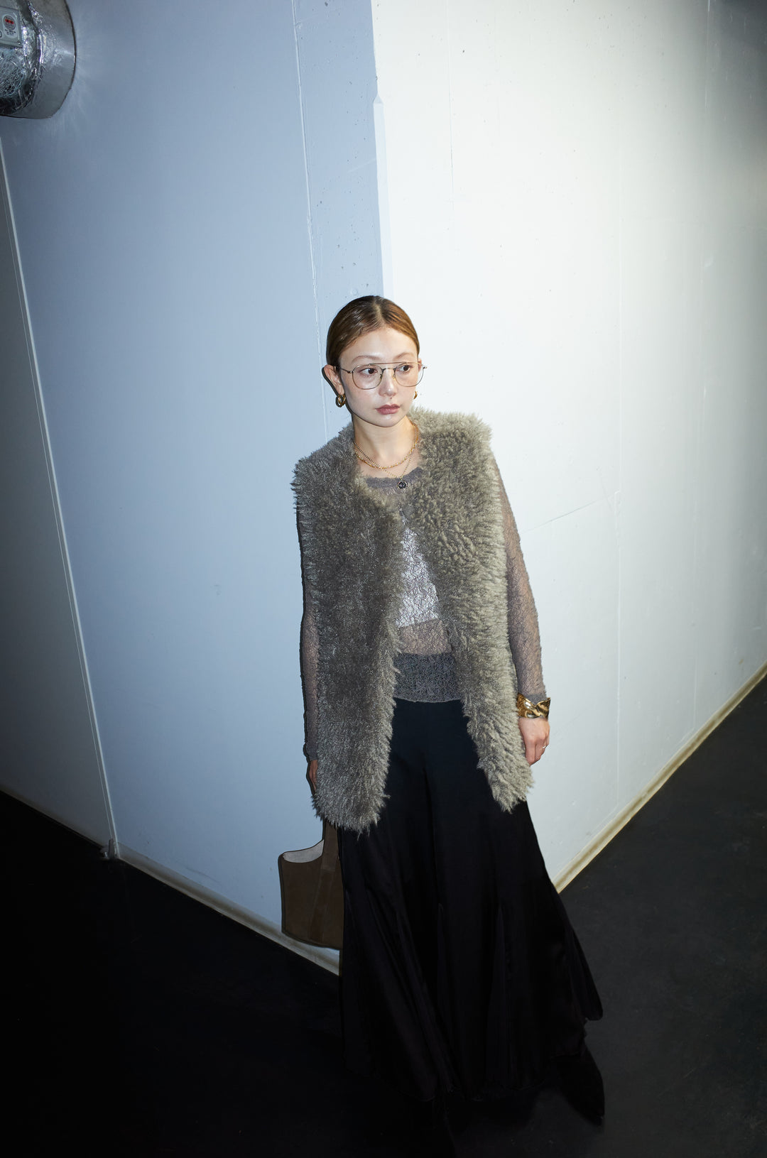 [予約/SET]シアーレーストップス+プードルファーベスト+プリーツシアー切り替えスカート(3set)