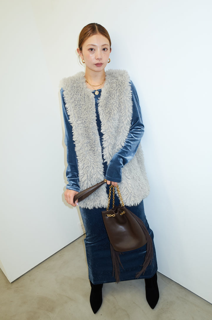 [予約/SET]ベロアバックオープンワンピース+プードルファーベスト(2set)