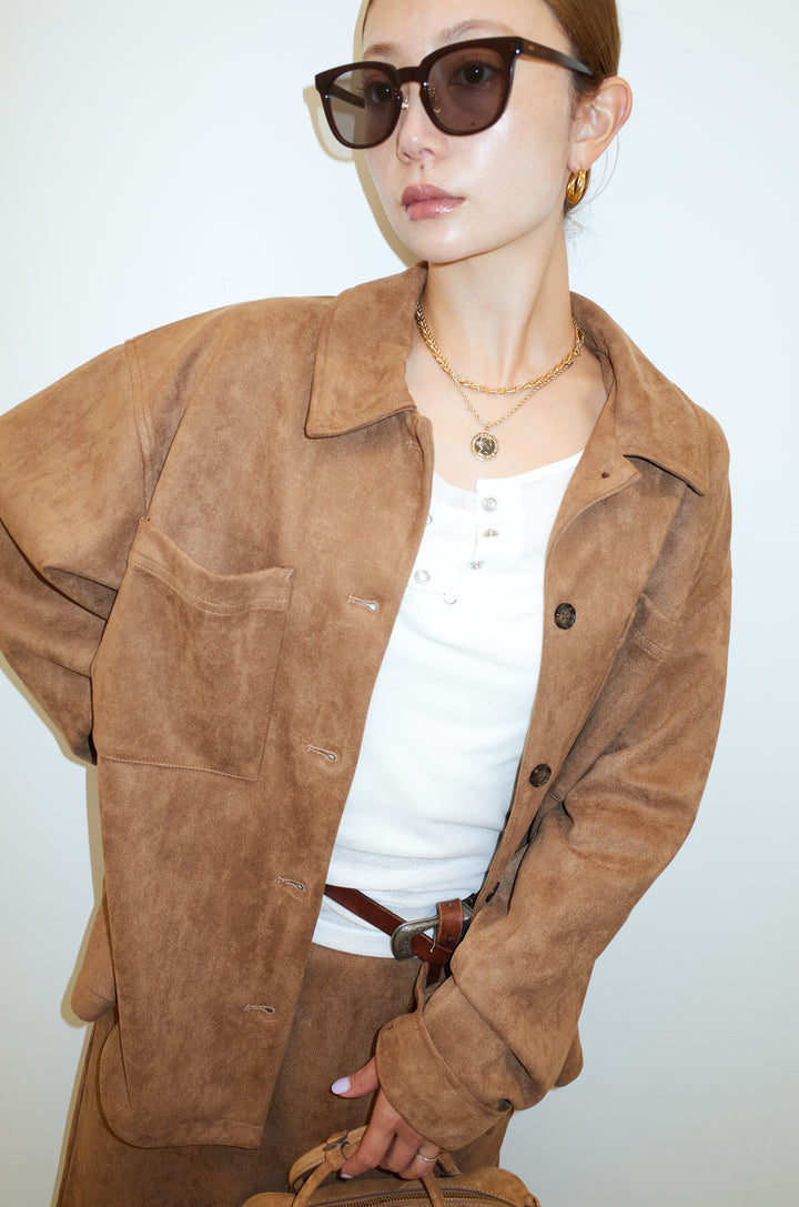 [予約/SET]フェイクスウェードシャツJK+シアーヘンリーネックロンT+フェイクスウェードペンシルSK(3set)