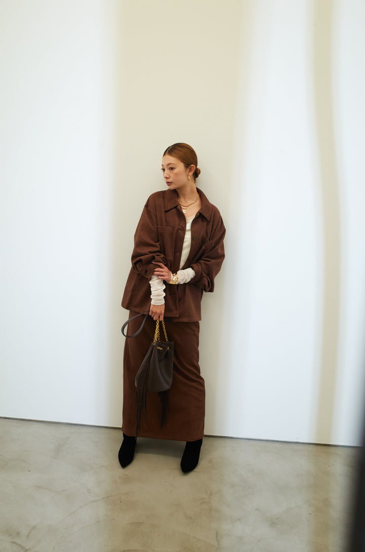 [予約/SET]フェイクスウェードシャツJK+シアーヘンリーネックロンT+フェイクスウェードペンシルSK(3set)