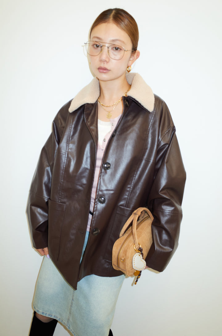 [予約]ボアつきフェイクレザーカバーオール